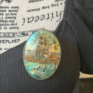 Vintage Rare Russian Fedoskino Hand Painted Scenic Brooch with Trees and River